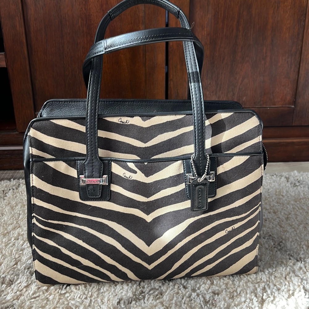 Coach Tote zebra print in tan & black leather trim & handles EUC - Picture 1 of 13